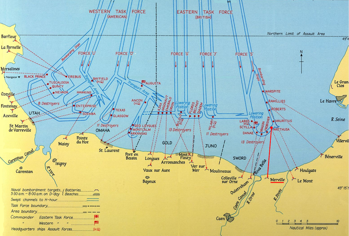 Bombardements navals sur les plages du débarquement ; Source : Gouvernement du Royaume Uni, libre de droit.